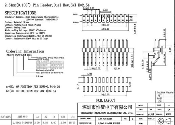 SMD 1000VAC PA6T 수평선상인 핀 헤더 금 플래시 36 핀 PA6T